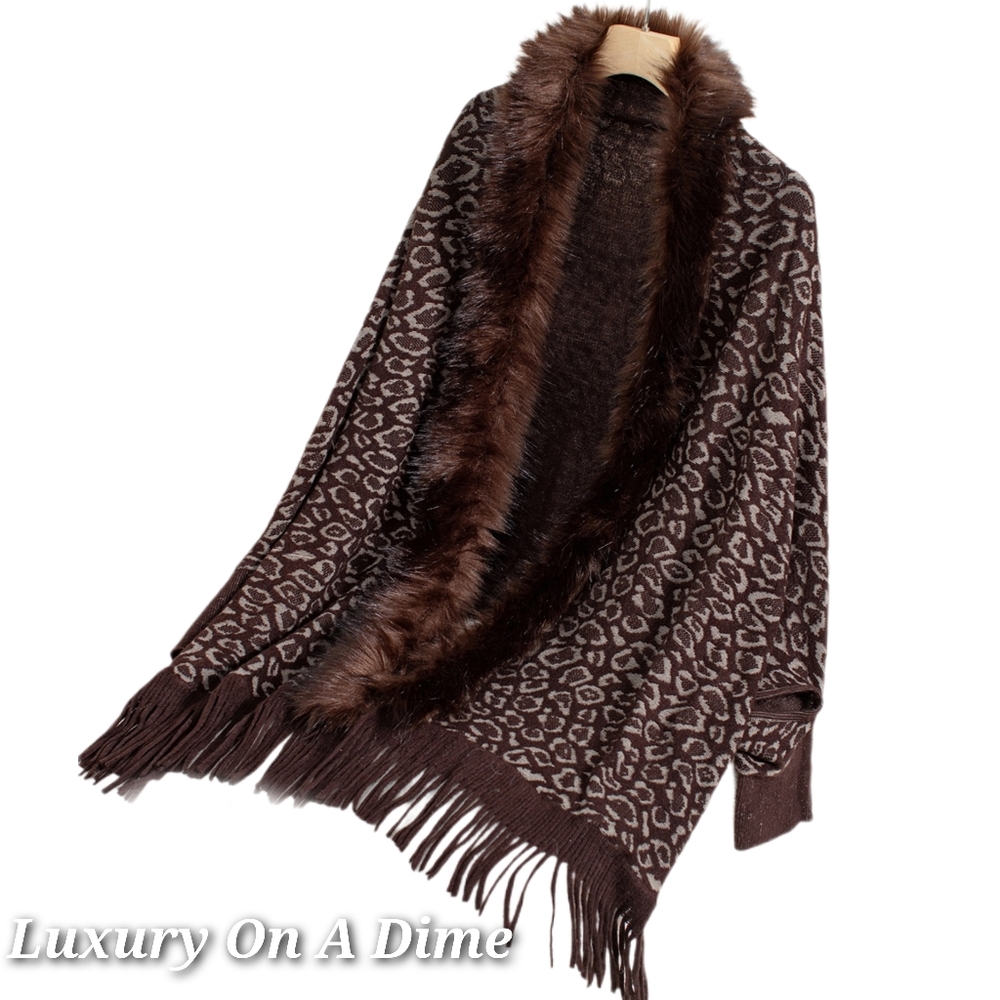 Plush Faux Fur Leopard Retro Fringe Boho Oversized Poncho Knit Cardigan Jacket - Picture 4 of 16